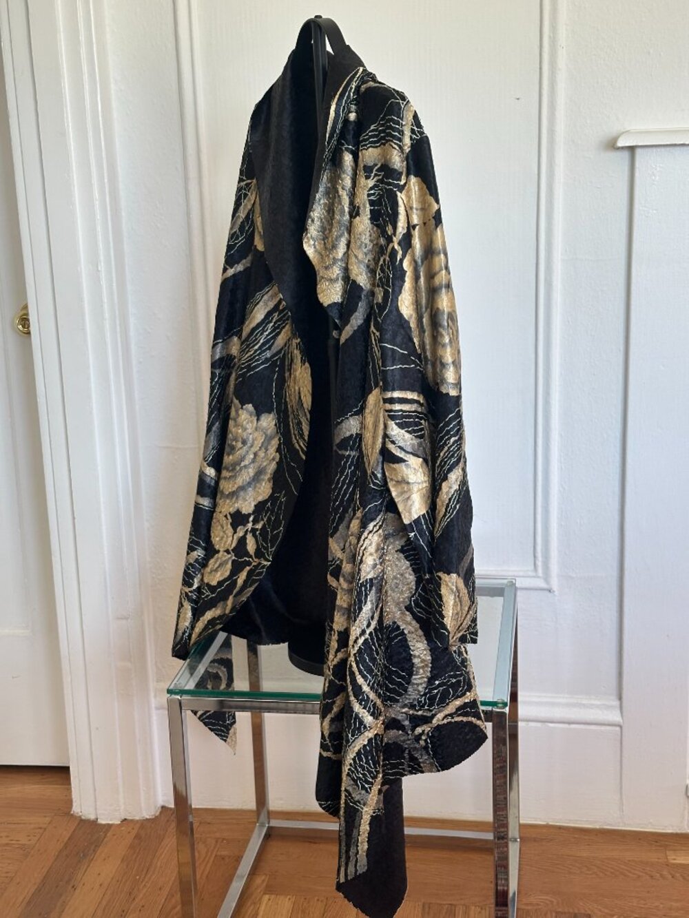 Jerry T Draped Jacket 2X | Black Gold Textured Reversible Waterfall Cardigan - Picture 2 of 6